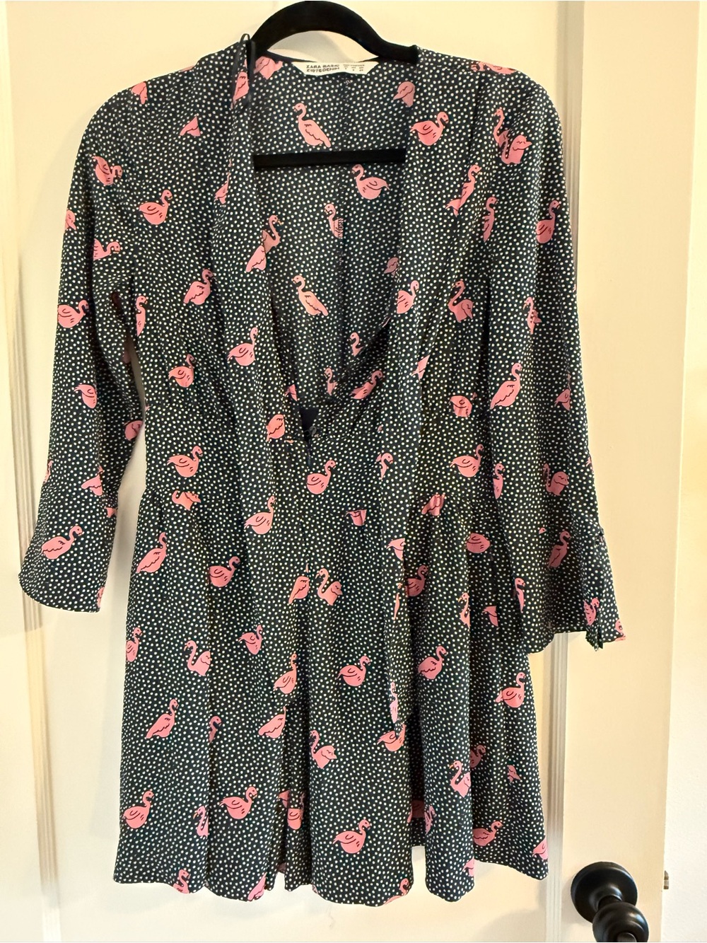 Zara Women's Black Polka Dot Romper with Pink Flamingo Print